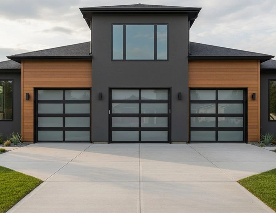 Modern two-story home with contemporary glass-panel garage doors.