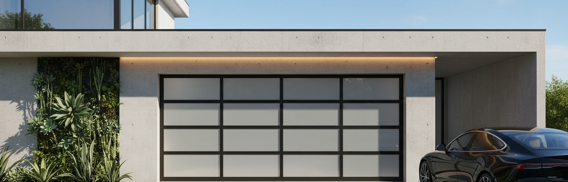 Modern residential home with a large black garage door showcasing professional garage door installation services