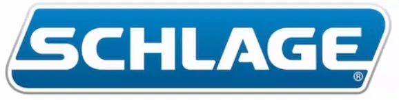 Schlage logo in white text on a blue rounded rectangle.