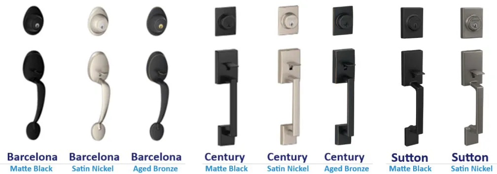 Door handle hardware in matte black, satin nickel, and aged bronze finishes.