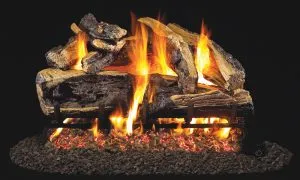 Gas fireplace with burning logs and orange flames.