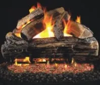 Gas fireplace with burning ceramic logs and glowing embers.