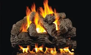 Gas fireplace with burning ceramic logs and orange flames.