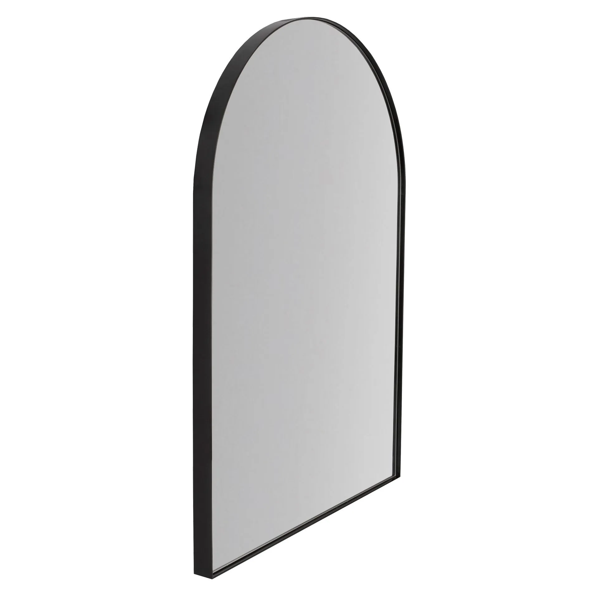 Black-framed, arched mirror, angled view, reflecting a pale, neutral surface.