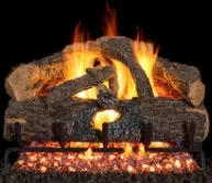 Gas fireplace with burning logs and glowing embers.