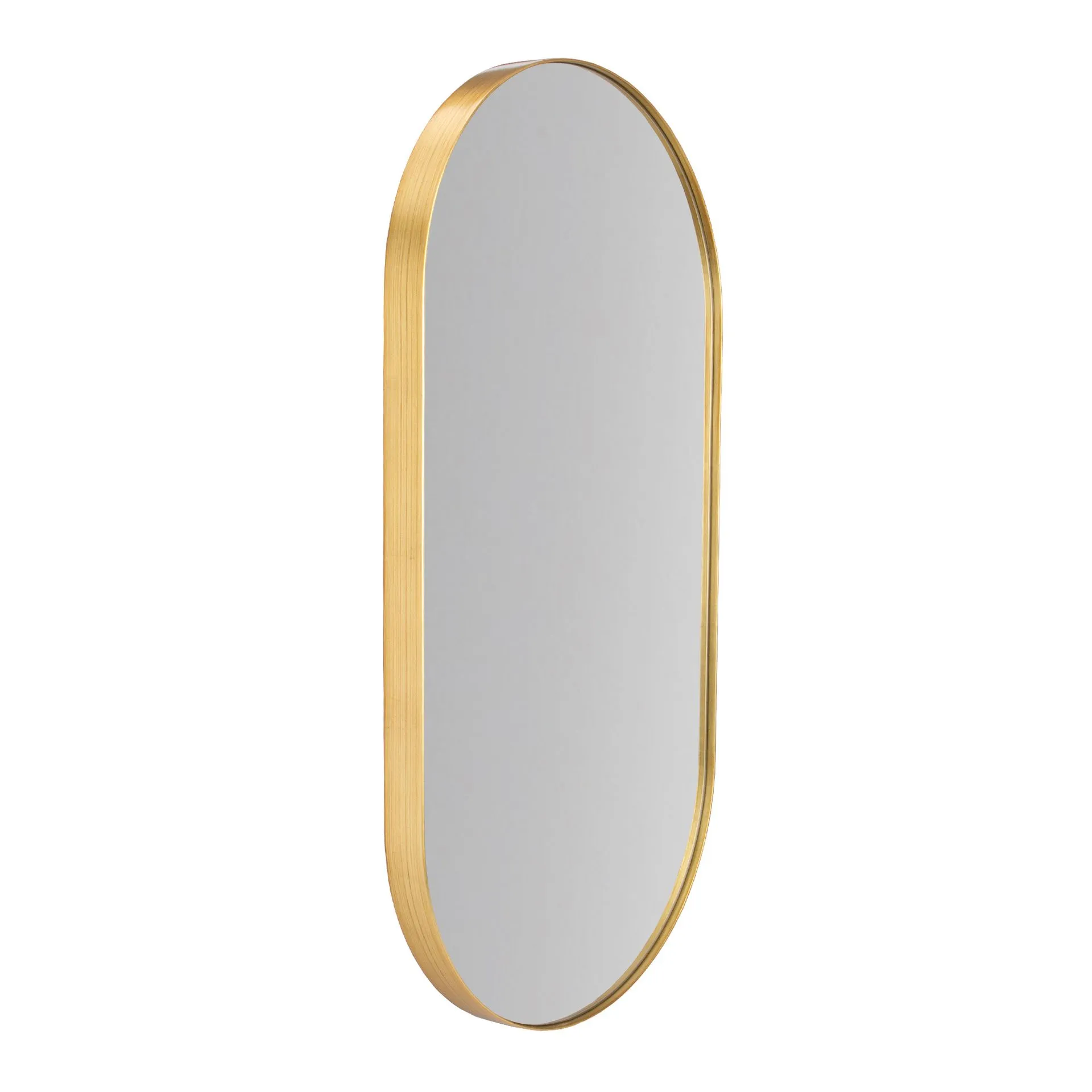 Oval mirror with a gold-colored frame, angled slightly to the side.
