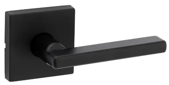 Black, square doorknob with a rectangular handle.