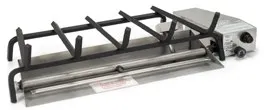 A gas fireplace burner assembly with a black metal grate sitting atop a rectangular stainless steel burner pan.