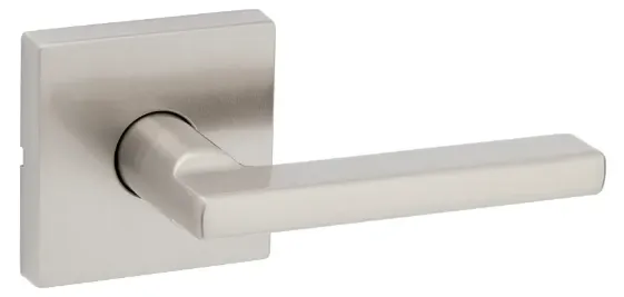 Brushed nickel door handle with a square backplate and a rectangular lever.