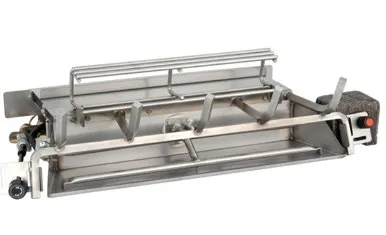A stainless steel rotisserie grill insert with multiple prongs, a gas control knob, and a motor box on a white background.