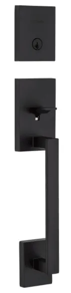 Black door handle set with a square backplate and pull bar.