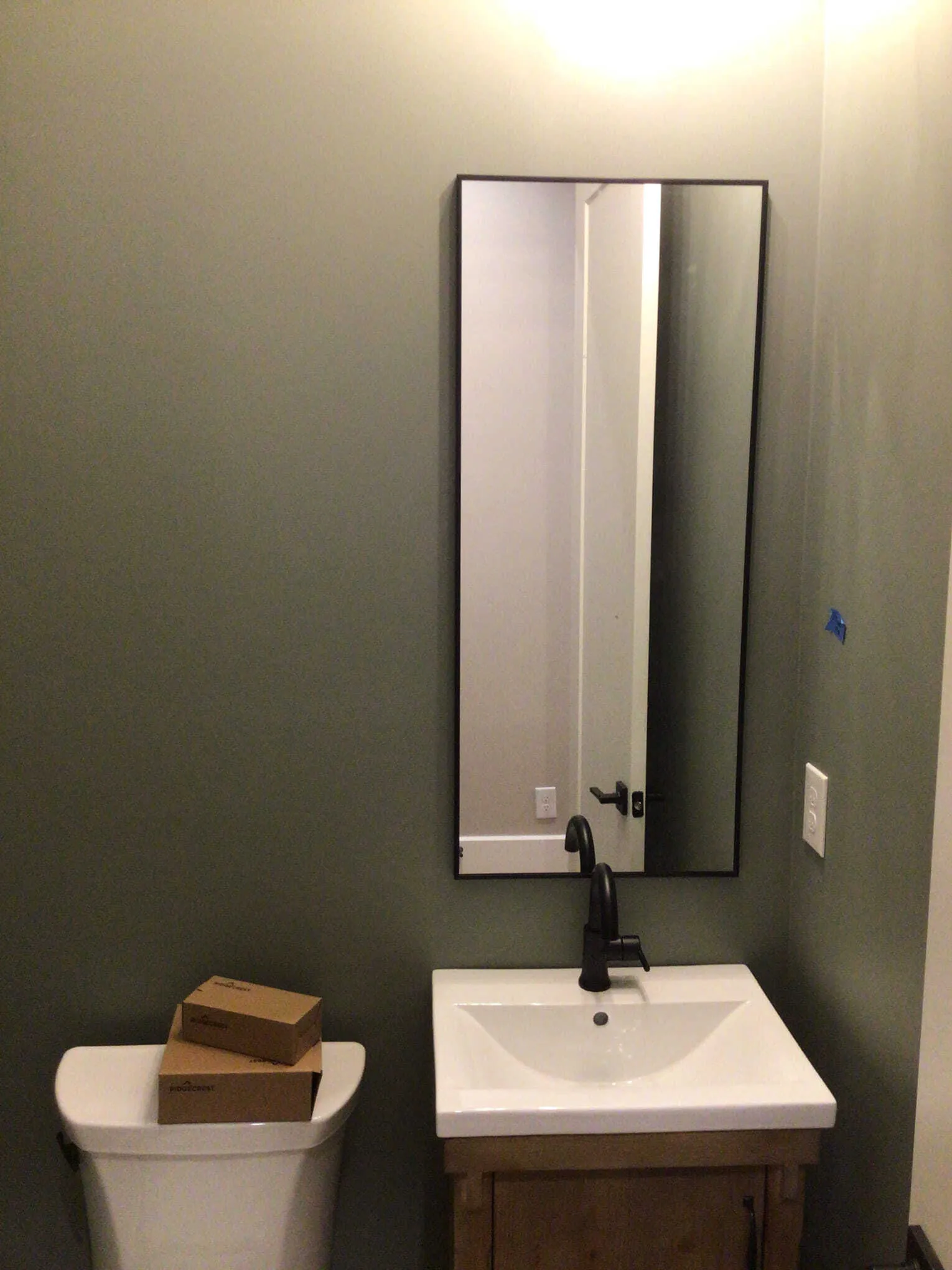 A green-walled powder room featuring a pedestal sink, a tall rectangular mirror with a black frame, and a white toilet.