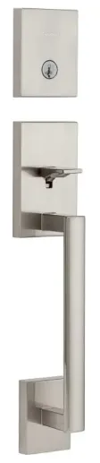 Silver-toned rectangular door handle set with a keyhole, handle, and long pull.