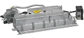 A stainless steel gas fireplace burner assembly with a control valve, ignition components, and mounting brackets.