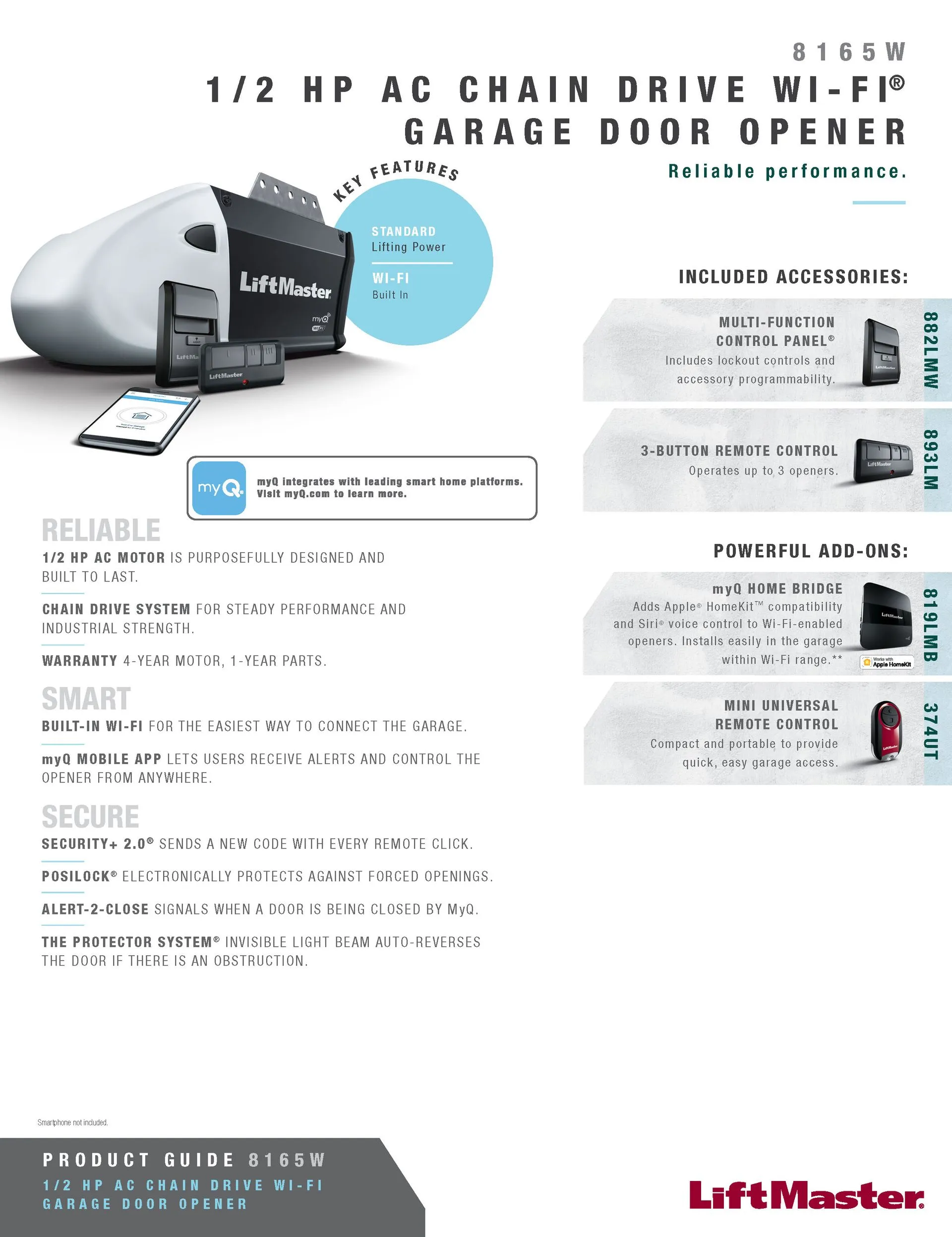 Brochure for a 1/2 HP AC chain drive Wi-Fi garage door opener with a product photo and feature descriptions.