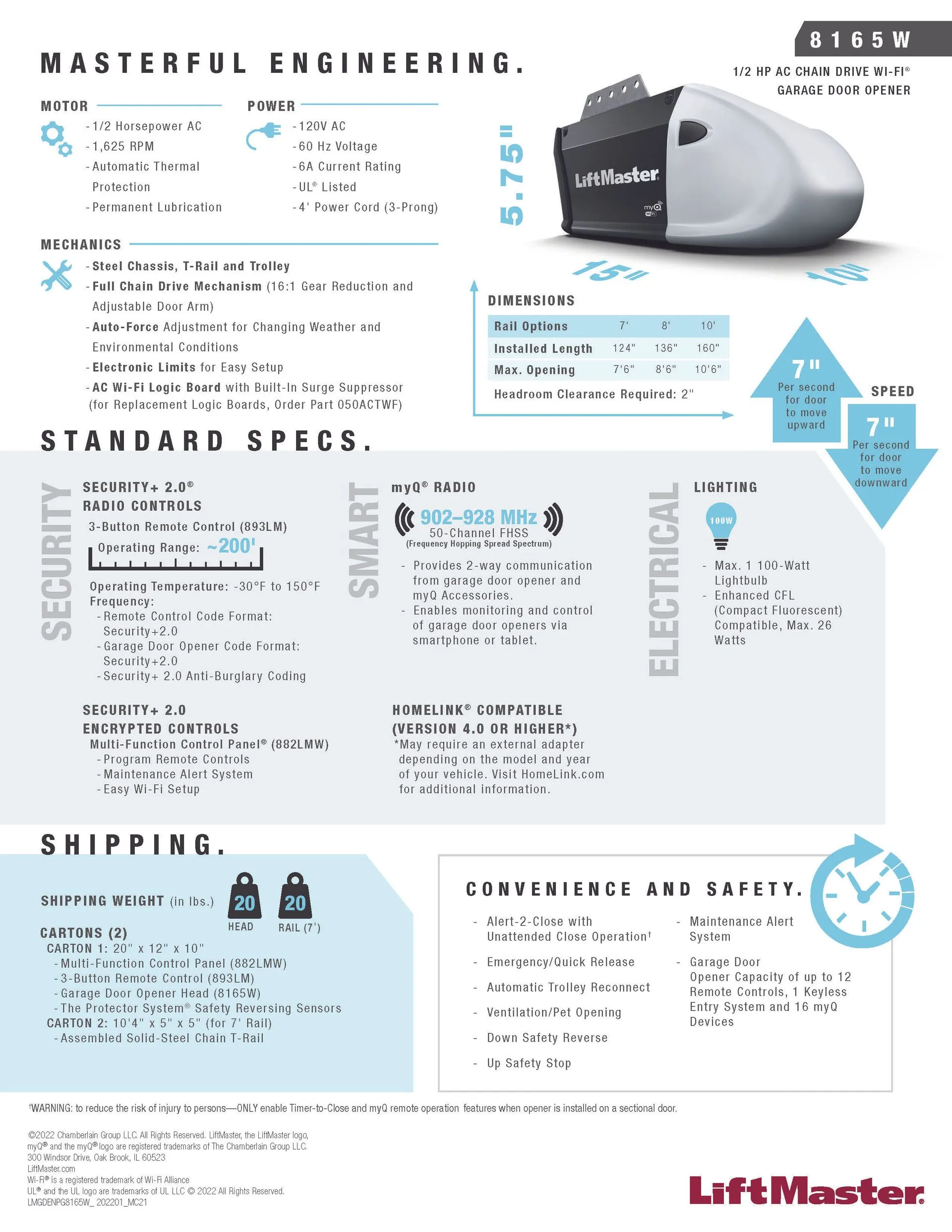 Brochure for LiftMaster garage door opener, with details on features, shipping, and engineering.