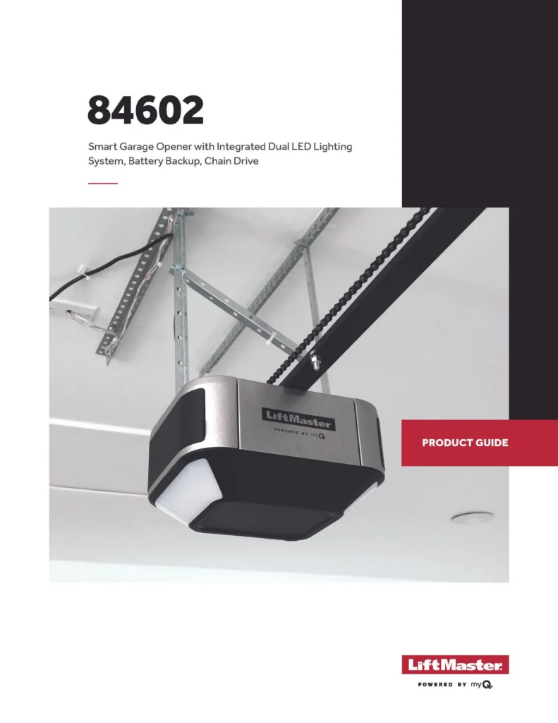 Product manual cover for a LiftMaster 84602 garage door opener, showing the unit mounted to a ceilin…