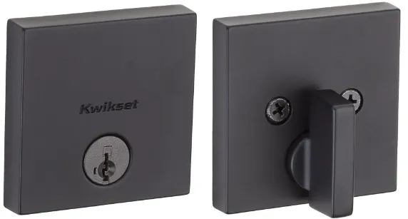 Black Kwikset door lock with a square plate and lever, front and back view.