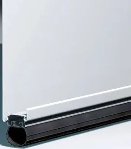 White garage door with a black rubber seal along the bottom.