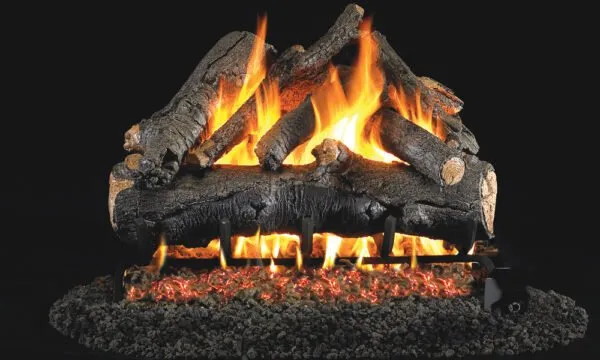 Gas fireplace with burning logs and orange flames.