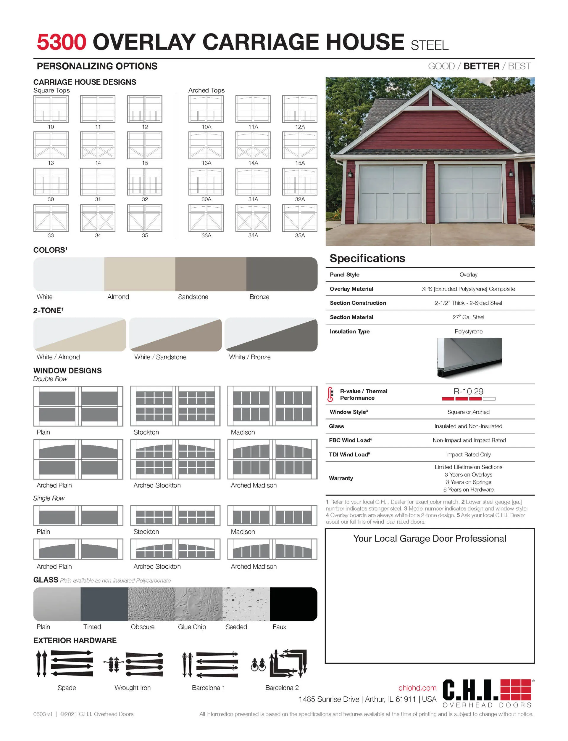 Product brochure for C.H.I. 5300 Overlay Carriage House garage doors, showing design, window, color, and finish options.
