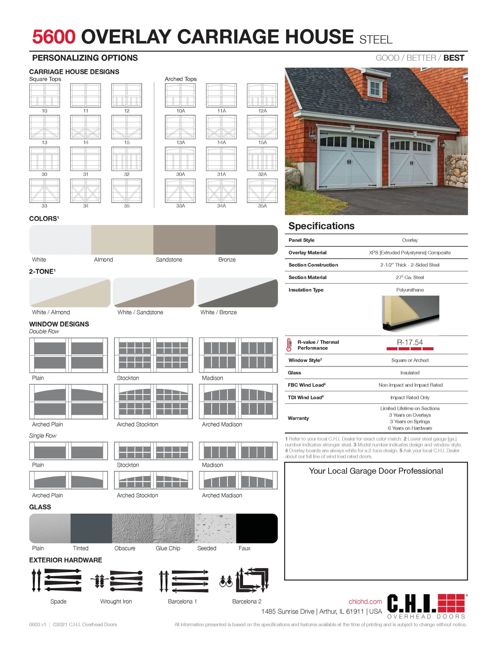 Product brochure for C.H.I. 5600 Overlay Carriage House garage doors, showing design, color, window, and finish options