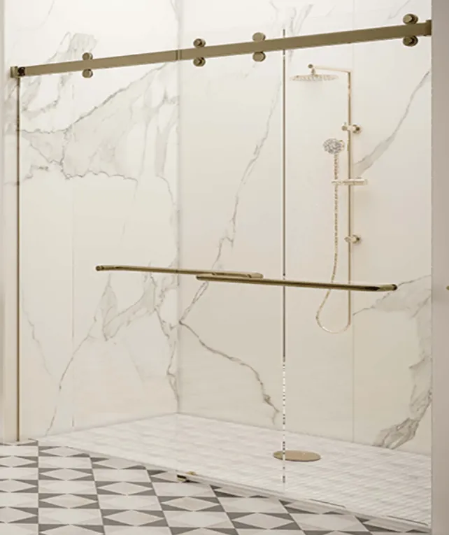 Shower stall with glass door, gold hardware, marble tile walls, and a patterned floor.