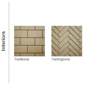 Two brick patterns: Traditional (stacked) and Herringbone, both in light beige, labeled for interior…