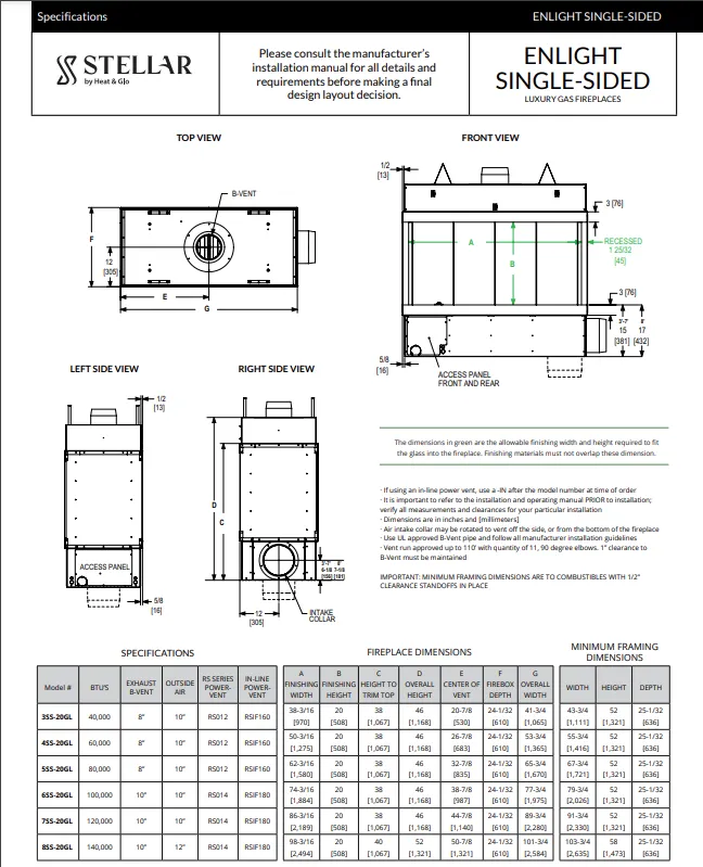 Diagram of a Stellar ENLIGHT SINGLE-SIDED fireplace with dimensional drawings and specifications.