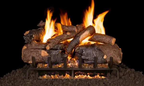 Gas fireplace with burning logs and flames.