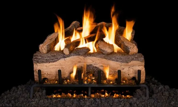 Gas fireplace with burning logs, flames, and ember-like rock base against a black backdrop.