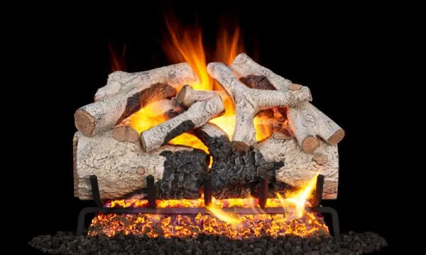 Gas fireplace with burning logs and orange flames against a black background.