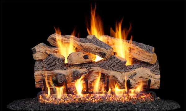 Fireplace with burning logs and flames against a black background.