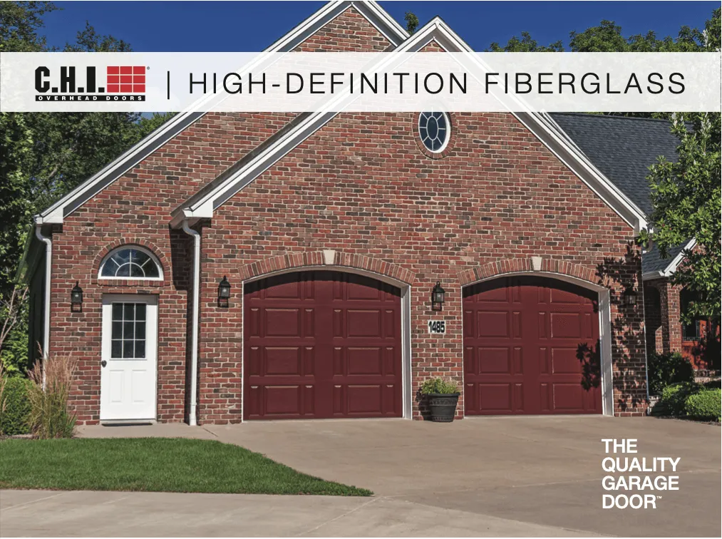 A brick house with two dark red, high-definition fiberglass garage doors and a white side door under…