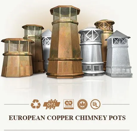 A group of copper and metallic chimney pots, with certifications displayed below, titled