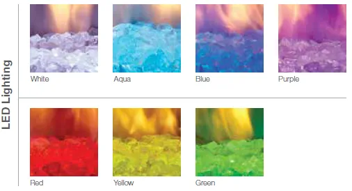 LED lighting options for a fire pit, showcasing white, aqua, blue, purple, red, yellow, and green co…