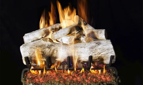 Burning gas fireplace logs with orange flames and glowing embers.