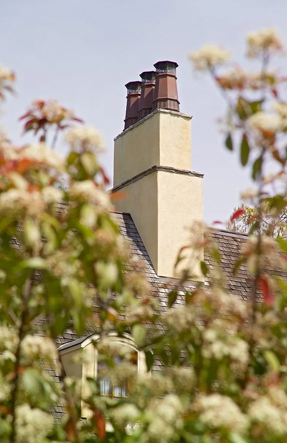 A tan stone chimney with three terracotta chimney pots, partially obscured by out-of-focus white flowering branches.