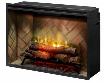 Electric fireplace with flickering flames, glowing logs, and brick-like background.