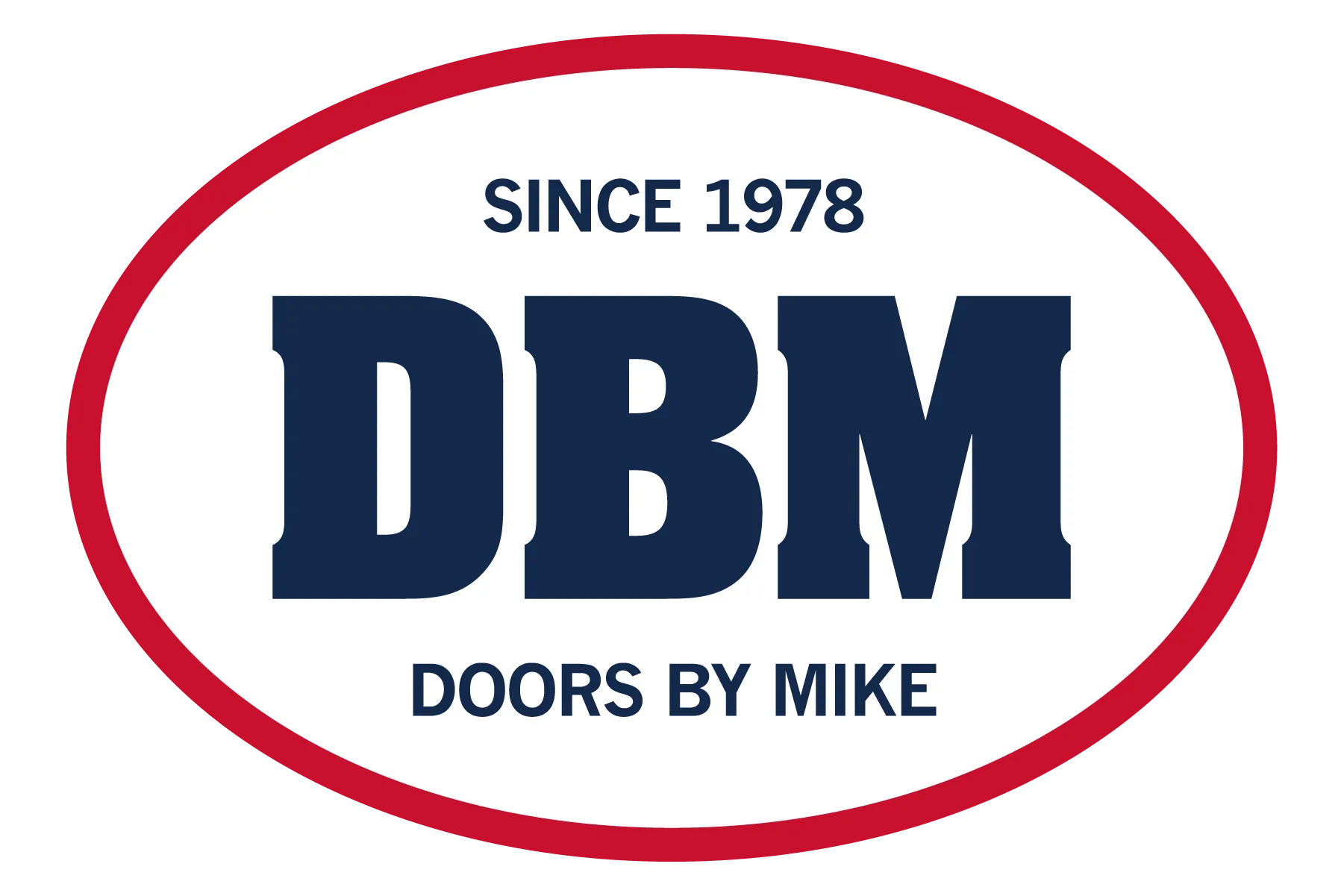 Logo for Doors by Mike: Oval with red border, blue text 