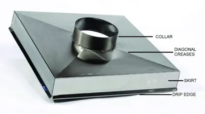 Metal roof flashing with collar, diagonal creases, skirt, and drip edge.