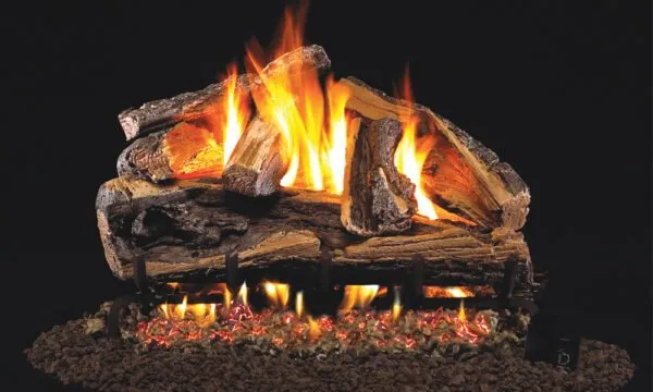 Fireplace gas logs burning with bright orange and yellow flames.