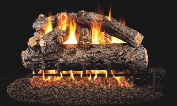 Gas fireplace with burning logs and flames.