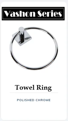 Polished chrome towel ring with a square mounting base; white background.