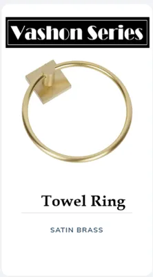 Satin brass towel ring from the Vashon Series. The ring is gold and attached to a square base.