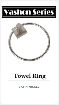 Satin nickel towel ring from the Vashon Series, with a circular ring attached to a square base.