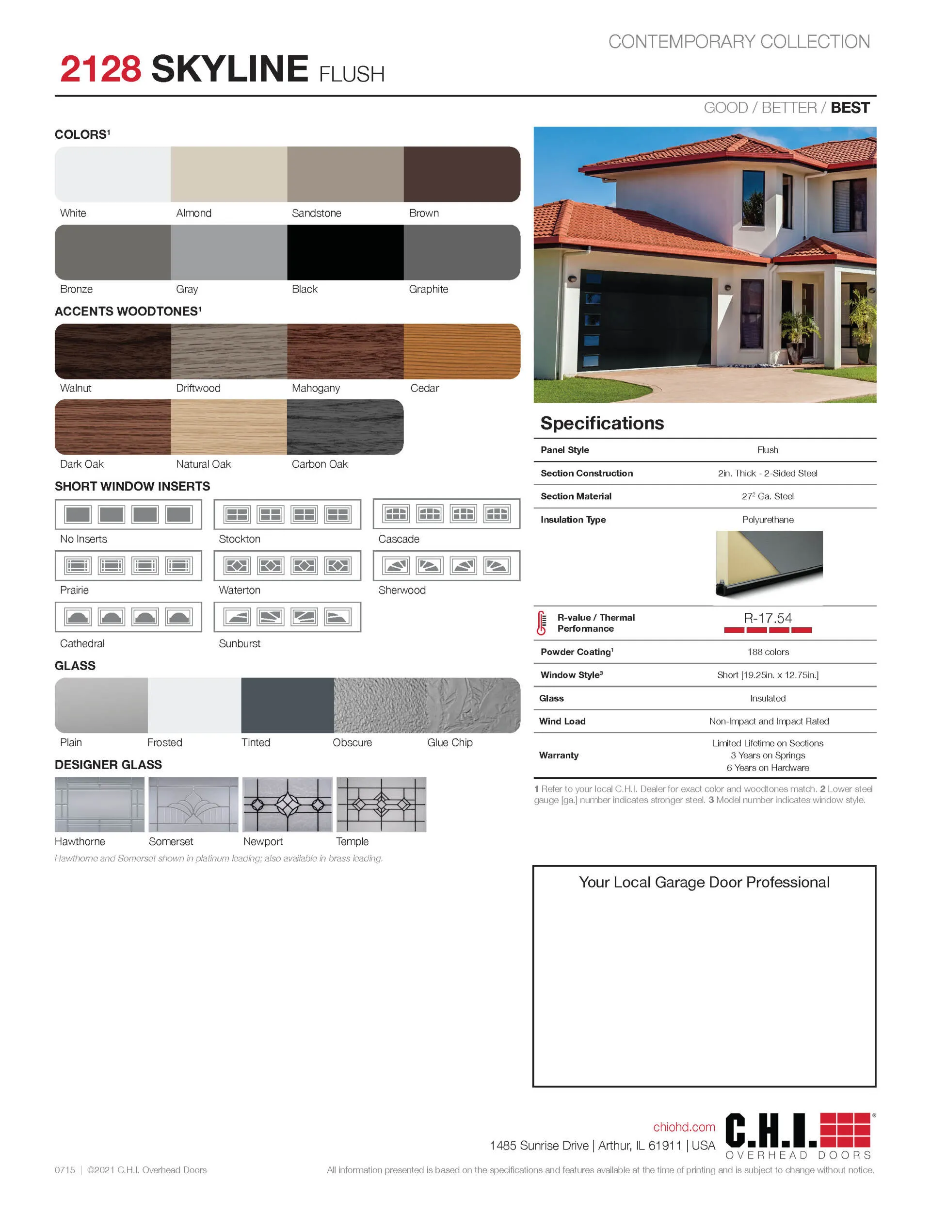 Product brochure for C.H.I. Overhead Doors 2128 Skyline model, showing color, window, and glass options.