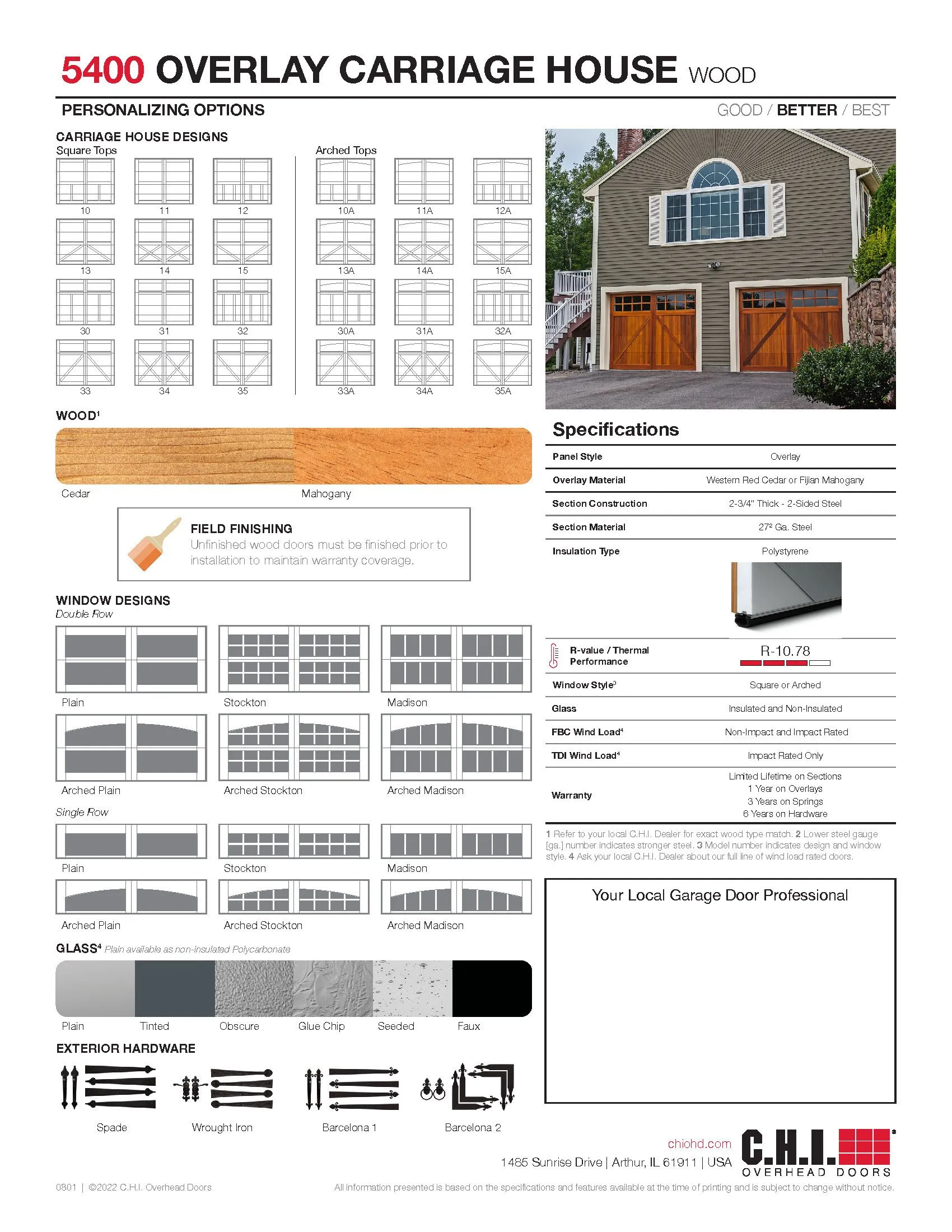 Product catalog sheet for C.H.I. 5400 Overlay Carriage House garage doors showing designs, wood grains, colors, and features.