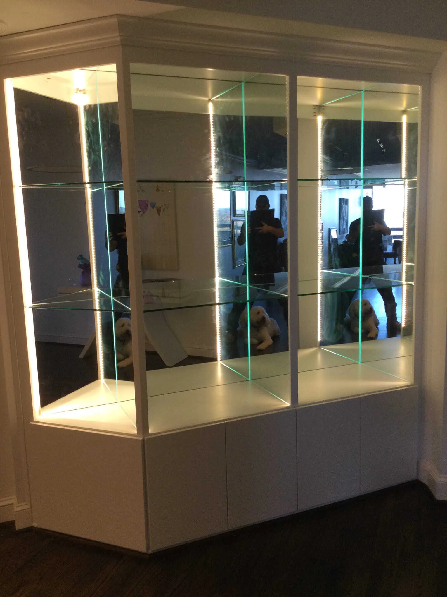 A white built-in display cabinet with glass shelves, interior mirrors, and vertical LED accent lighting.