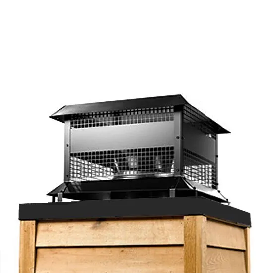 Black metal chimney cap with a wire mesh screen mounted on a wooden structure against a white background.